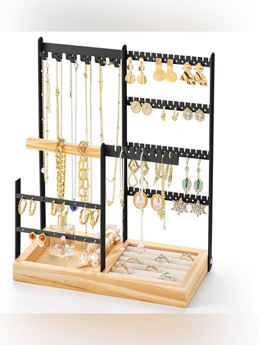 Black and Wood Jewelry Organizer Stand with Earring & Ring Tray